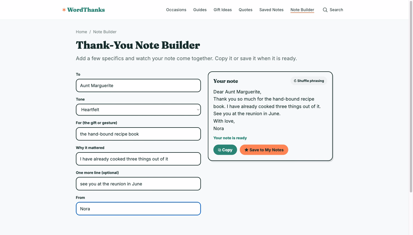 WordThanks.com | Greenfield Content Site With a Note Builder screenshot 1